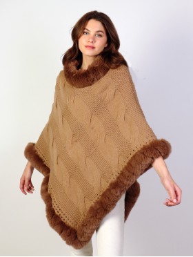 Solid Color Knitted Poncho W/ Fur Collar & Trim